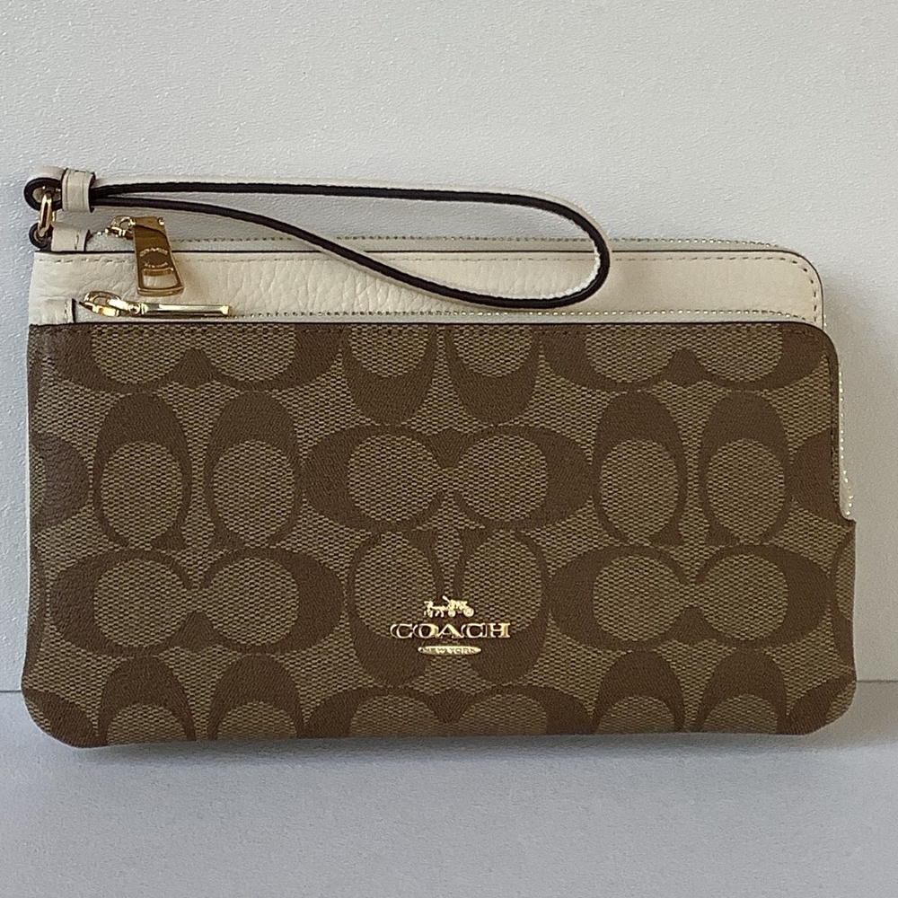 Coach Large Khaki Signature Dbl Corner Zip IPhone Wristlet Wallet Clutch NWT
